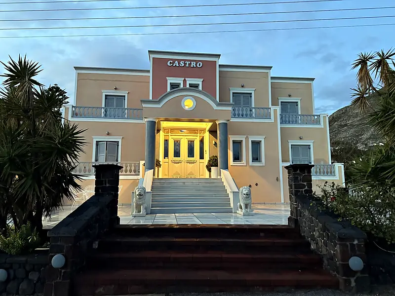 The Castro Hotel building at dusk
