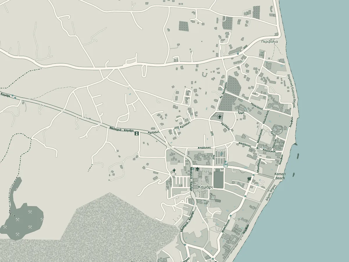 Map of Kamari with the location of Castro Hotel